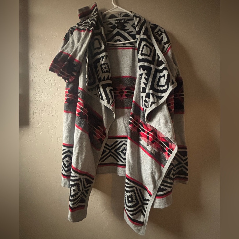 Wet Seal Cardigan Women Small Black Red Aztec Southwestern Open Front Sweater